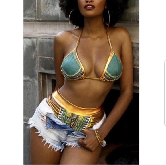 High Waist Bikini Teal & Gold Tribal Aztec Boho - Picture 3 of 7